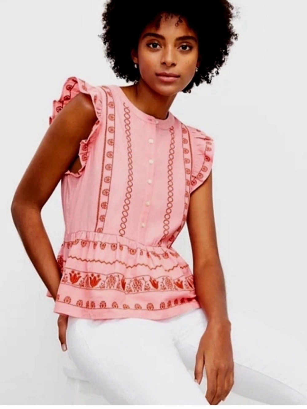 LOFT Coral Pink and Rust Embroidered Ruffle Sleeve Camisole Top
